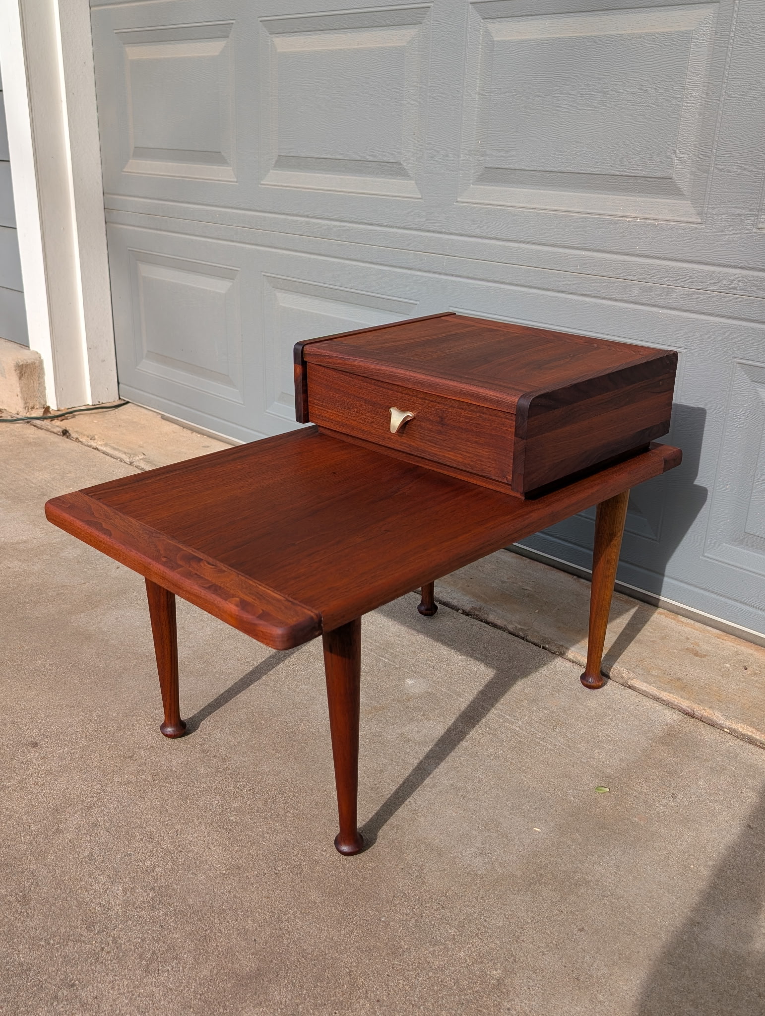 Walnut Step Side Table with Drawer